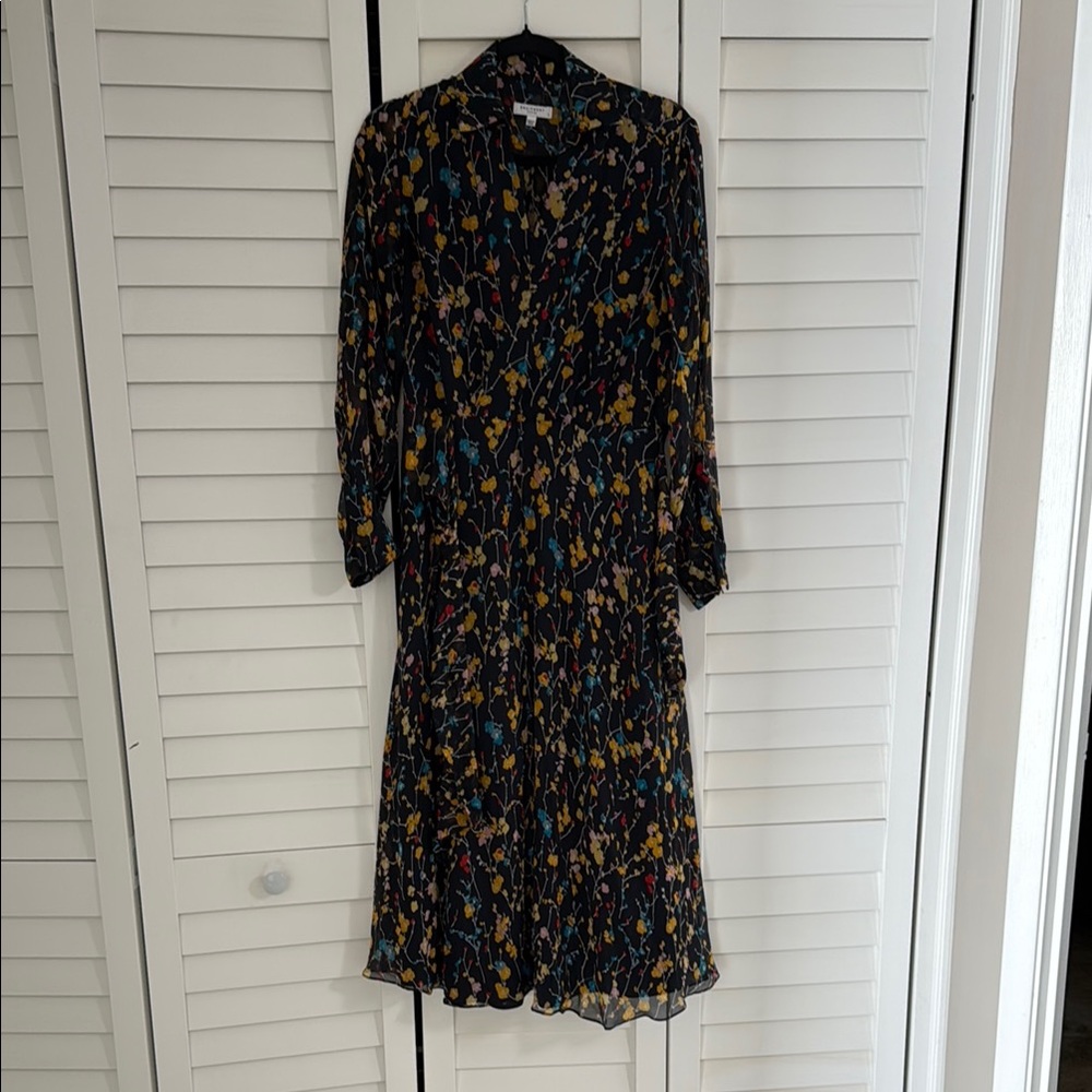 Equipment Blue and Black Pleated Sheath Dress with Bishop Sleeves